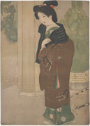 Bijin in brown haori and shawl over green komono (untitled)